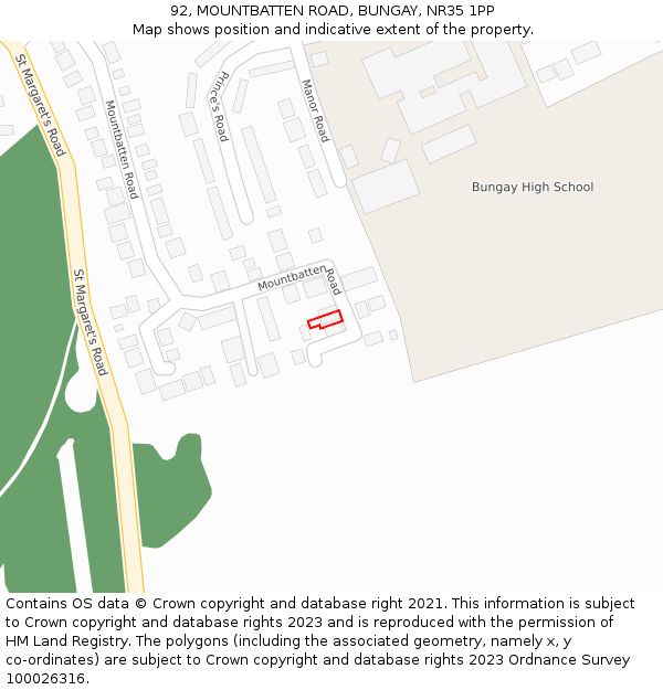 92, MOUNTBATTEN ROAD, BUNGAY, NR35 1PP: Location map and indicative extent of plot