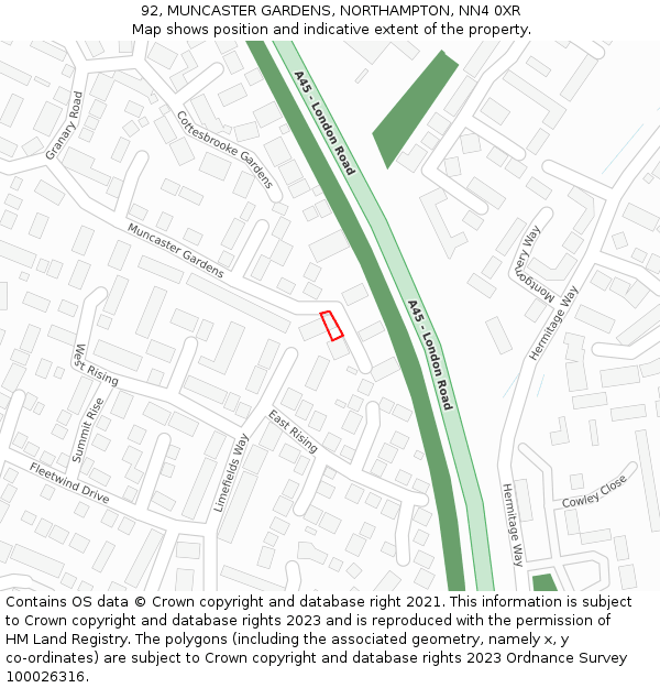 92, MUNCASTER GARDENS, NORTHAMPTON, NN4 0XR: Location map and indicative extent of plot