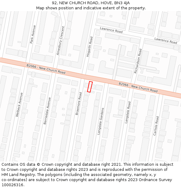92, NEW CHURCH ROAD, HOVE, BN3 4JA: Location map and indicative extent of plot