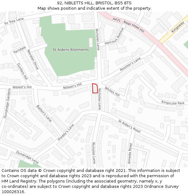 92, NIBLETTS HILL, BRISTOL, BS5 8TS: Location map and indicative extent of plot