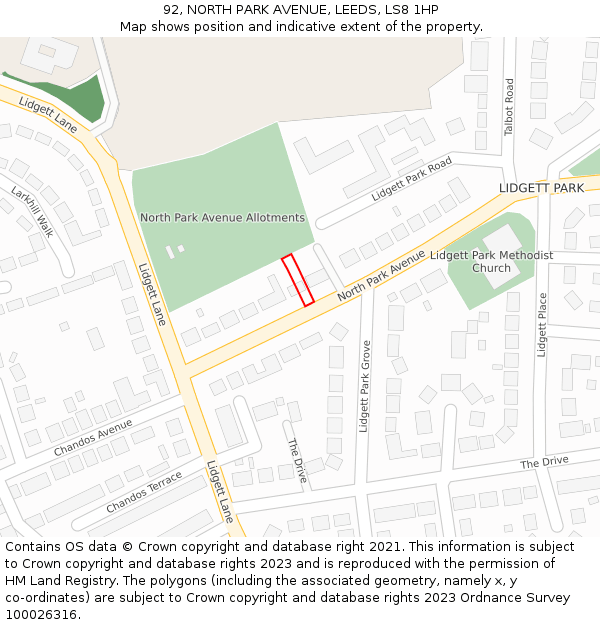 92, NORTH PARK AVENUE, LEEDS, LS8 1HP: Location map and indicative extent of plot