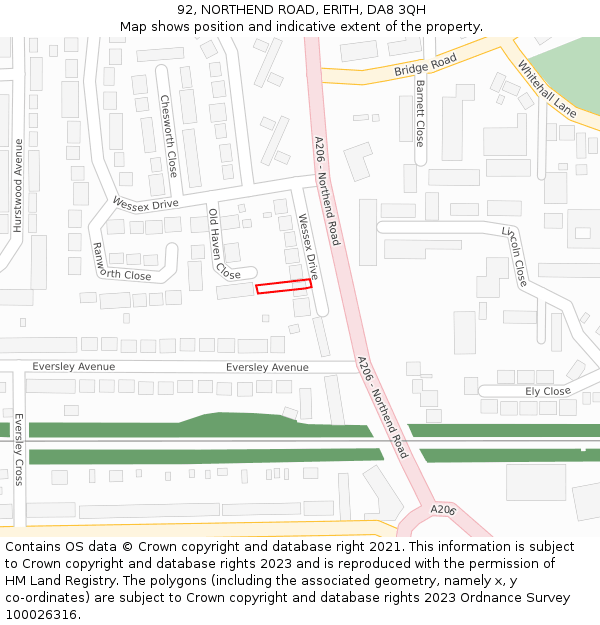 92, NORTHEND ROAD, ERITH, DA8 3QH: Location map and indicative extent of plot