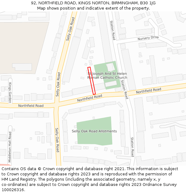 92, NORTHFIELD ROAD, KINGS NORTON, BIRMINGHAM, B30 1JG: Location map and indicative extent of plot