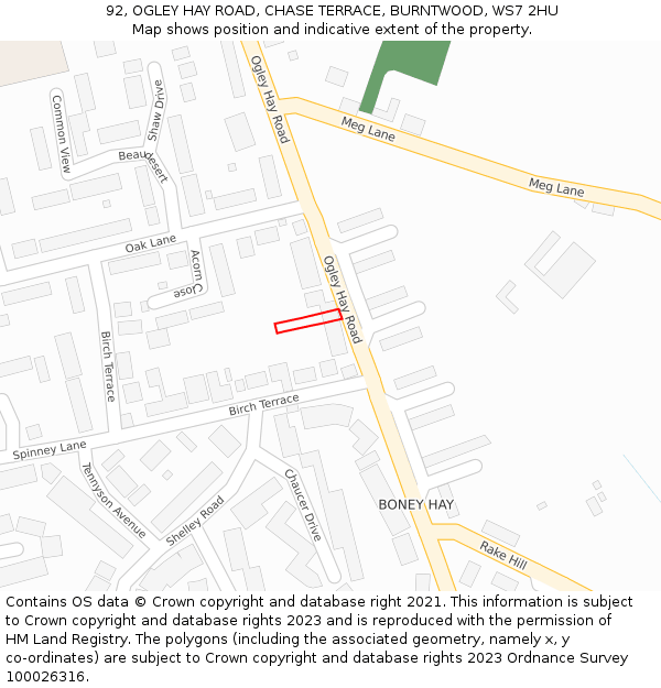 92, OGLEY HAY ROAD, CHASE TERRACE, BURNTWOOD, WS7 2HU: Location map and indicative extent of plot