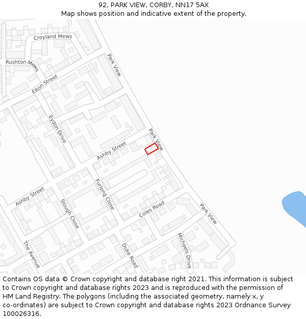 92, PARK VIEW, CORBY, NN17 5AX: Location map and indicative extent of plot
