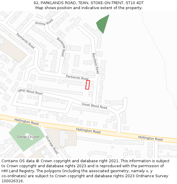 92, PARKLANDS ROAD, TEAN, STOKE-ON-TRENT, ST10 4DT: Location map and indicative extent of plot
