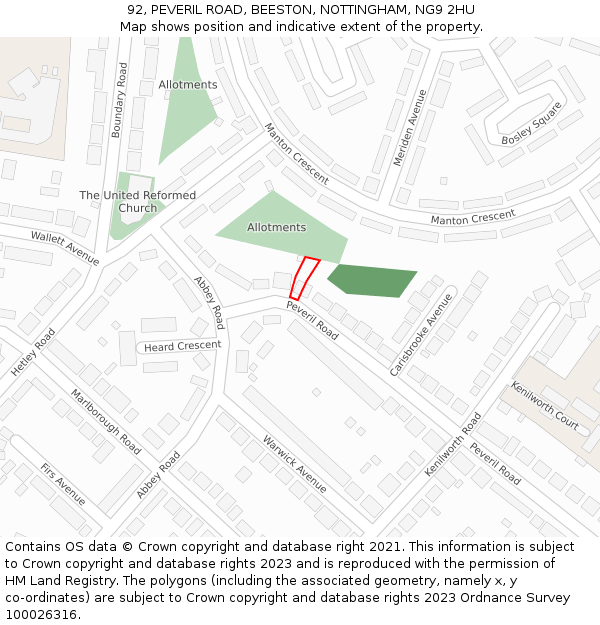 92, PEVERIL ROAD, BEESTON, NOTTINGHAM, NG9 2HU: Location map and indicative extent of plot
