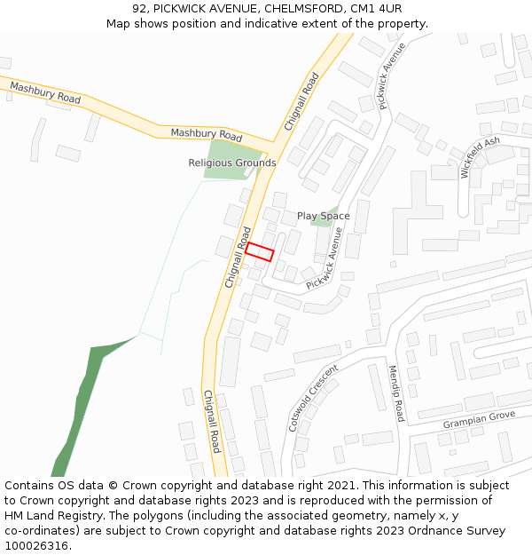 92, PICKWICK AVENUE, CHELMSFORD, CM1 4UR: Location map and indicative extent of plot