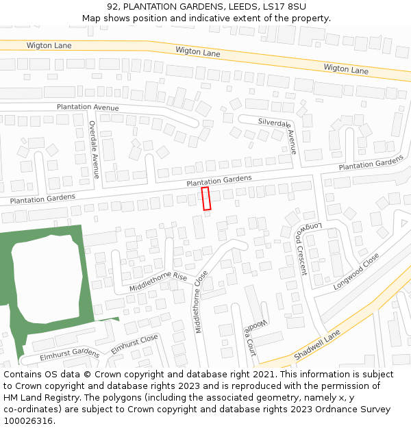 92, PLANTATION GARDENS, LEEDS, LS17 8SU: Location map and indicative extent of plot
