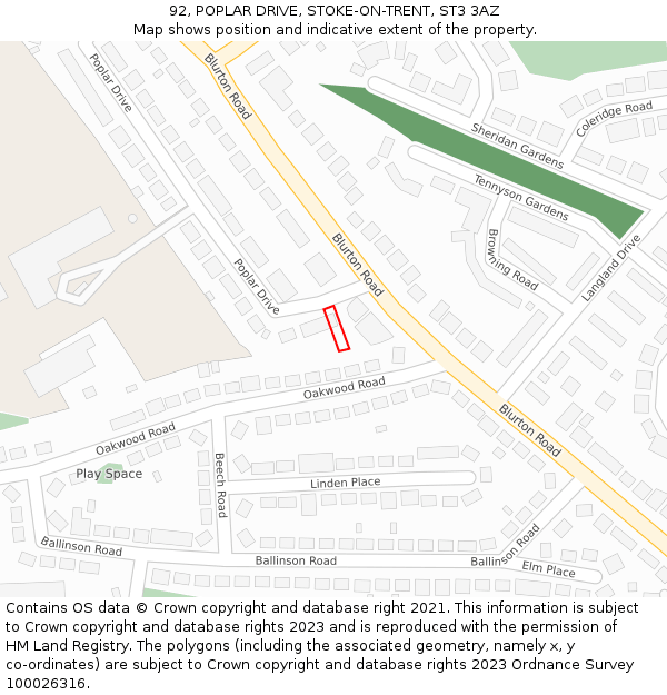 92, POPLAR DRIVE, STOKE-ON-TRENT, ST3 3AZ: Location map and indicative extent of plot