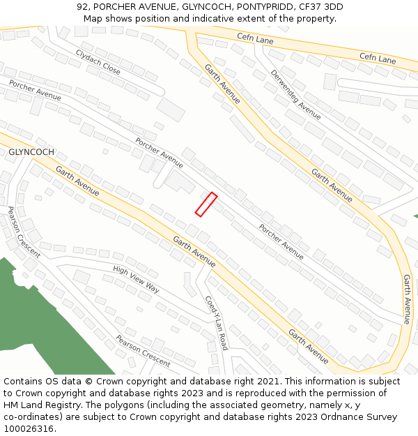 92, PORCHER AVENUE, GLYNCOCH, PONTYPRIDD, CF37 3DD: Location map and indicative extent of plot