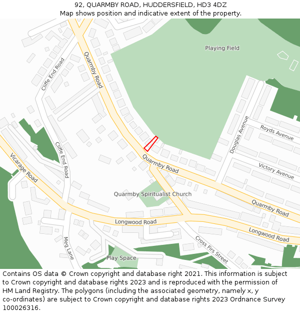 92, QUARMBY ROAD, HUDDERSFIELD, HD3 4DZ: Location map and indicative extent of plot