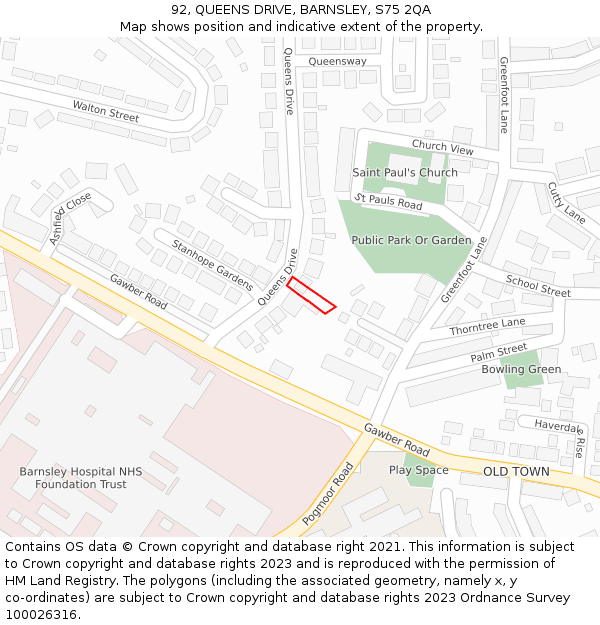 92, QUEENS DRIVE, BARNSLEY, S75 2QA: Location map and indicative extent of plot