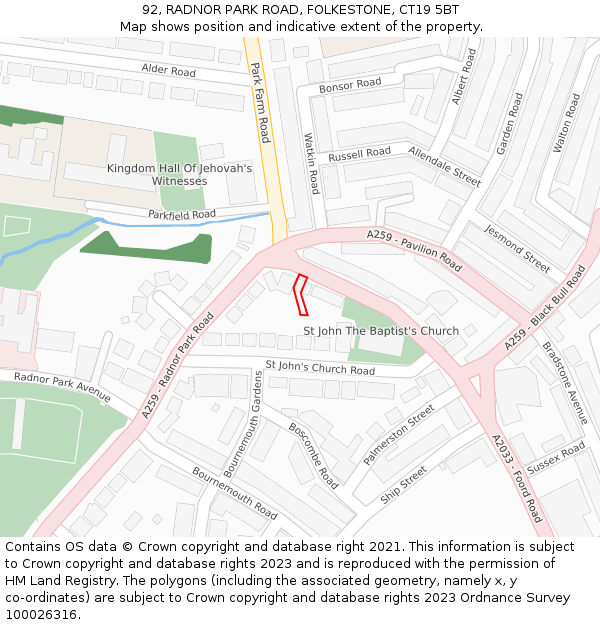 92, RADNOR PARK ROAD, FOLKESTONE, CT19 5BT: Location map and indicative extent of plot