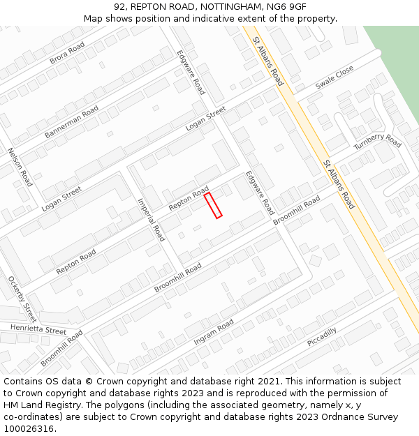 92, REPTON ROAD, NOTTINGHAM, NG6 9GF: Location map and indicative extent of plot