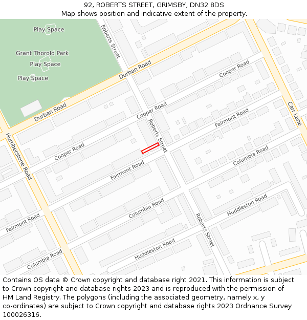 92, ROBERTS STREET, GRIMSBY, DN32 8DS: Location map and indicative extent of plot