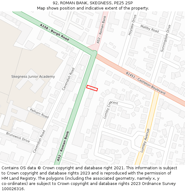 92, ROMAN BANK, SKEGNESS, PE25 2SP: Location map and indicative extent of plot