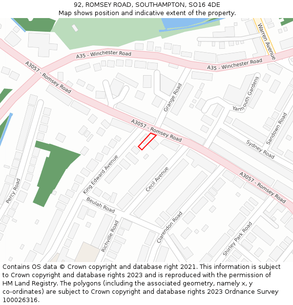 92, ROMSEY ROAD, SOUTHAMPTON, SO16 4DE: Location map and indicative extent of plot