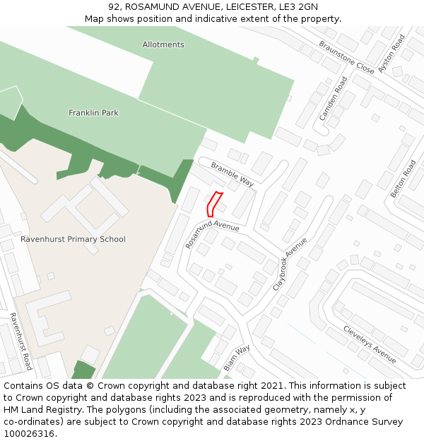 92, ROSAMUND AVENUE, LEICESTER, LE3 2GN: Location map and indicative extent of plot