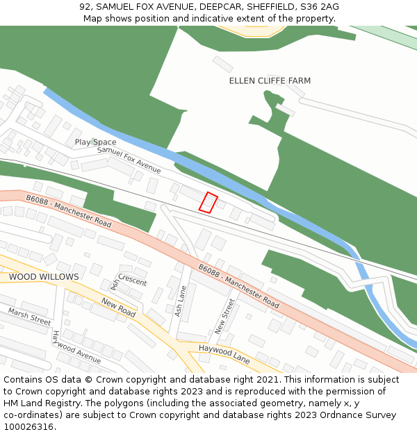 92, SAMUEL FOX AVENUE, DEEPCAR, SHEFFIELD, S36 2AG: Location map and indicative extent of plot