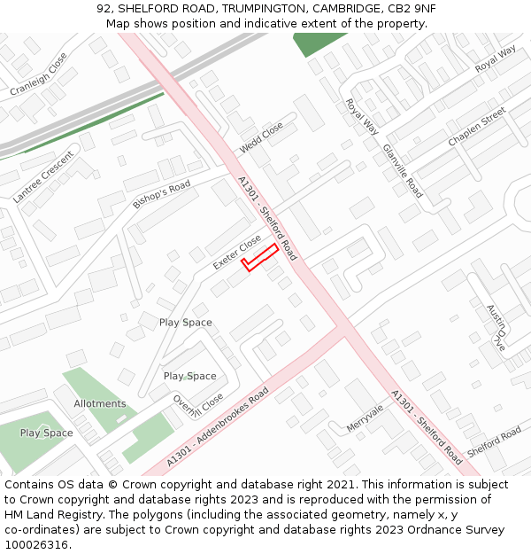 92, SHELFORD ROAD, TRUMPINGTON, CAMBRIDGE, CB2 9NF: Location map and indicative extent of plot