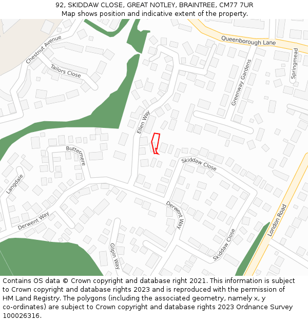 92, SKIDDAW CLOSE, GREAT NOTLEY, BRAINTREE, CM77 7UR: Location map and indicative extent of plot
