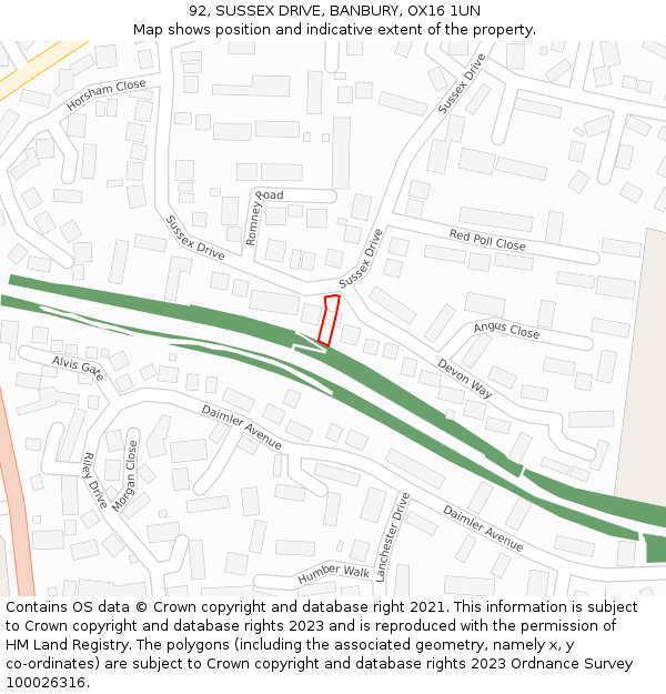 92, SUSSEX DRIVE, BANBURY, OX16 1UN: Location map and indicative extent of plot