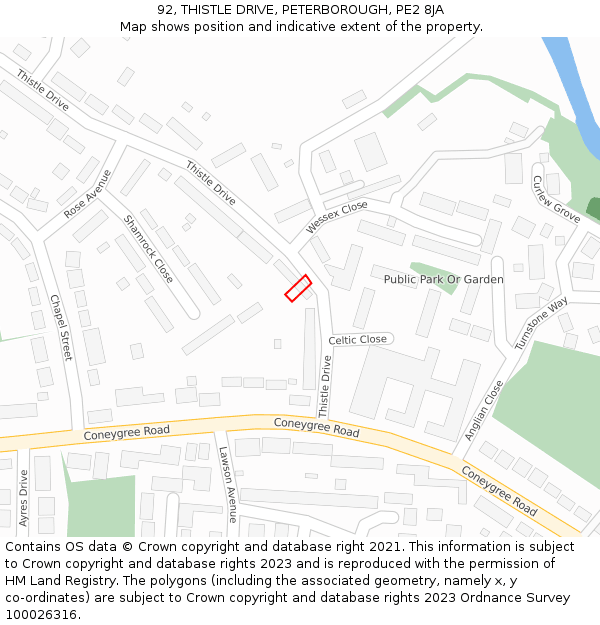 92, THISTLE DRIVE, PETERBOROUGH, PE2 8JA: Location map and indicative extent of plot