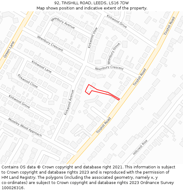 92, TINSHILL ROAD, LEEDS, LS16 7DW: Location map and indicative extent of plot