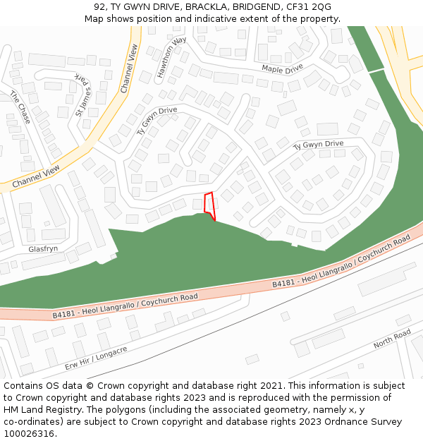 92, TY GWYN DRIVE, BRACKLA, BRIDGEND, CF31 2QG: Location map and indicative extent of plot