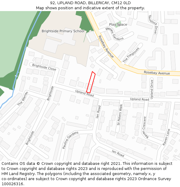 92, UPLAND ROAD, BILLERICAY, CM12 0LD: Location map and indicative extent of plot