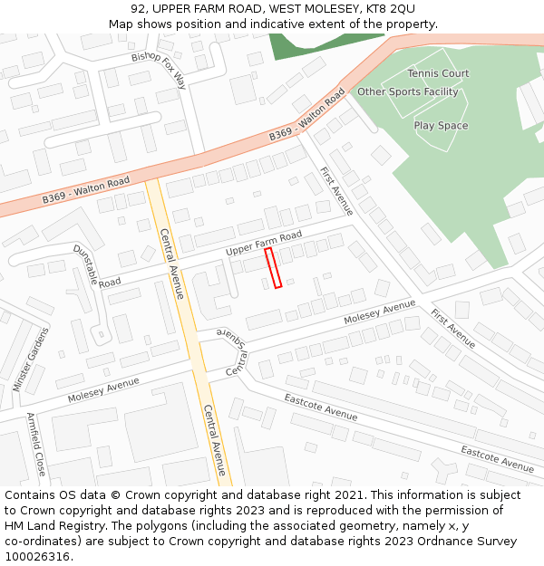 92, UPPER FARM ROAD, WEST MOLESEY, KT8 2QU: Location map and indicative extent of plot
