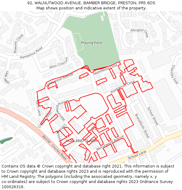 92, WALNUTWOOD AVENUE, BAMBER BRIDGE, PRESTON, PR5 6DS: Location map and indicative extent of plot