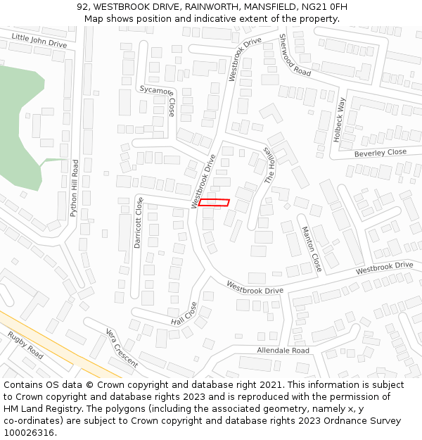 92, WESTBROOK DRIVE, RAINWORTH, MANSFIELD, NG21 0FH: Location map and indicative extent of plot
