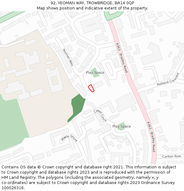 92, YEOMAN WAY, TROWBRIDGE, BA14 0QP: Location map and indicative extent of plot