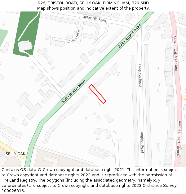 926, BRISTOL ROAD, SELLY OAK, BIRMINGHAM, B29 6NB: Location map and indicative extent of plot