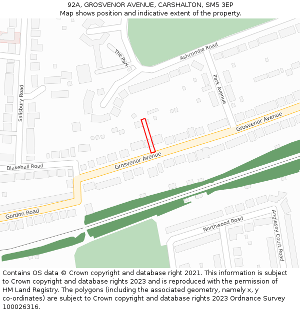 92A, GROSVENOR AVENUE, CARSHALTON, SM5 3EP: Location map and indicative extent of plot