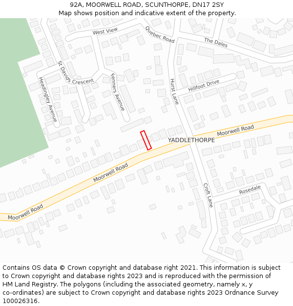 92A, MOORWELL ROAD, SCUNTHORPE, DN17 2SY: Location map and indicative extent of plot