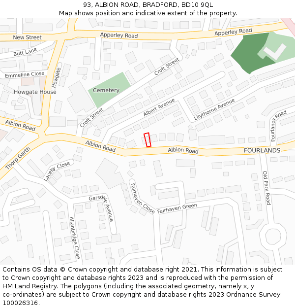 93, ALBION ROAD, BRADFORD, BD10 9QL: Location map and indicative extent of plot