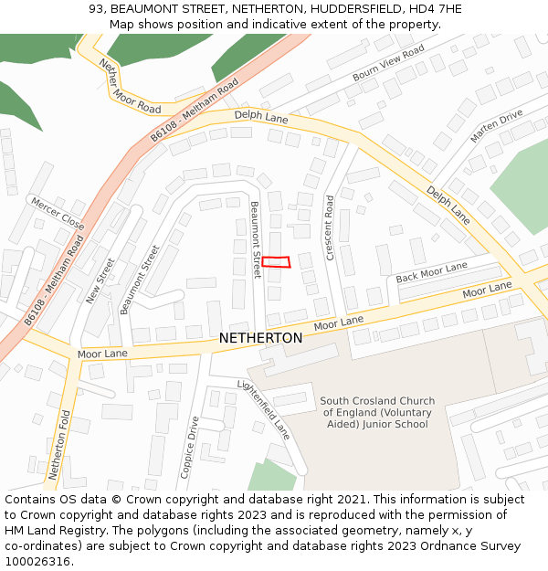 93, BEAUMONT STREET, NETHERTON, HUDDERSFIELD, HD4 7HE: Location map and indicative extent of plot