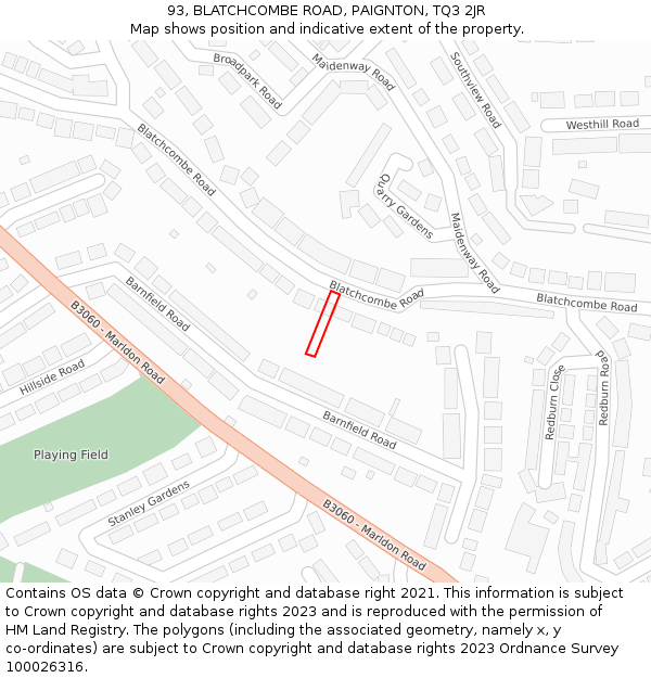 93, BLATCHCOMBE ROAD, PAIGNTON, TQ3 2JR: Location map and indicative extent of plot
