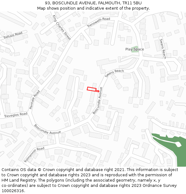 93, BOSCUNDLE AVENUE, FALMOUTH, TR11 5BU: Location map and indicative extent of plot