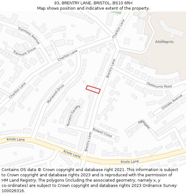 93, BRENTRY LANE, BRISTOL, BS10 6RH: Location map and indicative extent of plot