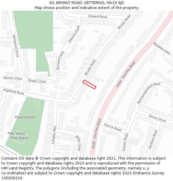 93, BRYANT ROAD, KETTERING, NN15 6JD: Location map and indicative extent of plot