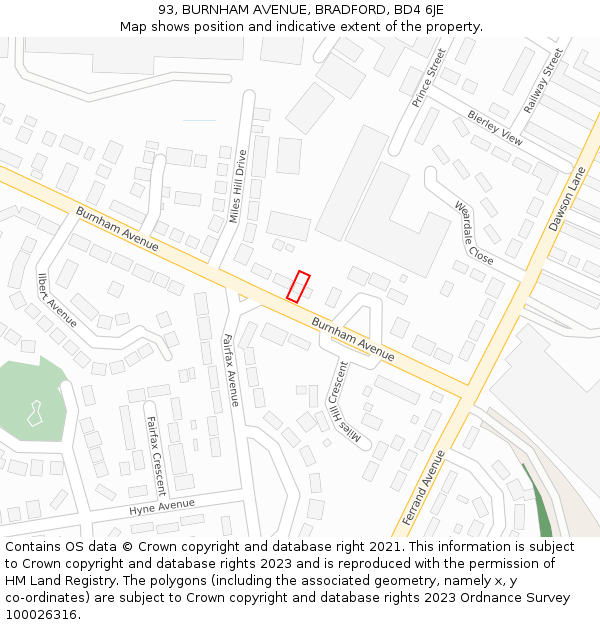 93, BURNHAM AVENUE, BRADFORD, BD4 6JE: Location map and indicative extent of plot