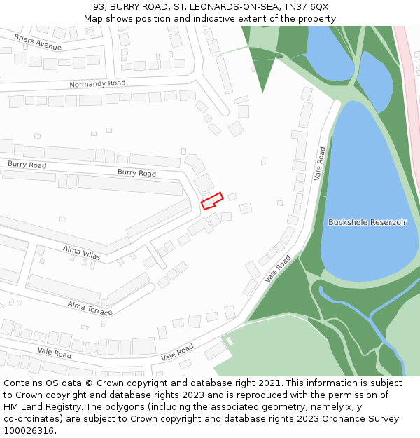 93, BURRY ROAD, ST. LEONARDS-ON-SEA, TN37 6QX: Location map and indicative extent of plot