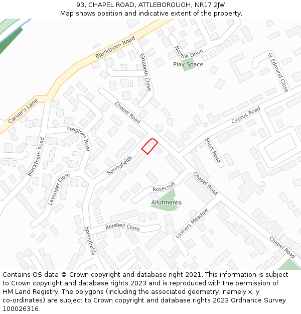 93, CHAPEL ROAD, ATTLEBOROUGH, NR17 2JW: Location map and indicative extent of plot