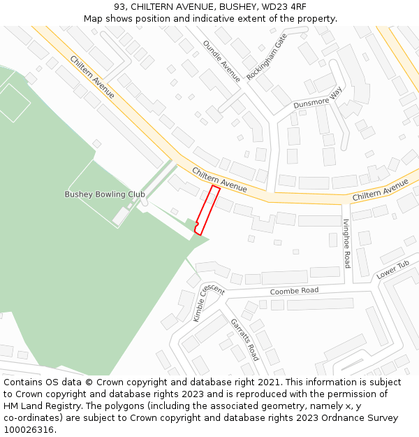 93, CHILTERN AVENUE, BUSHEY, WD23 4RF: Location map and indicative extent of plot