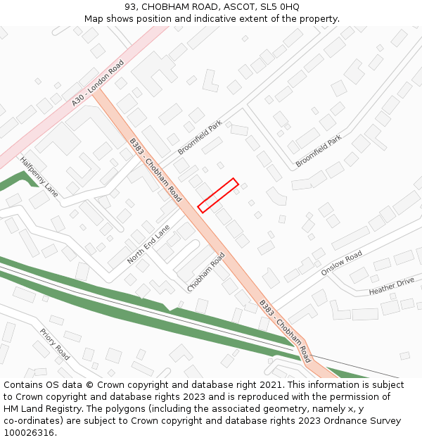 93, CHOBHAM ROAD, ASCOT, SL5 0HQ: Location map and indicative extent of plot