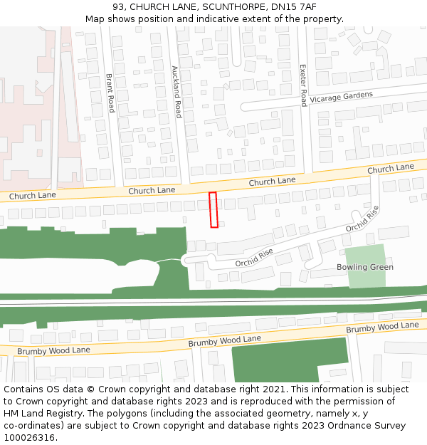 93, CHURCH LANE, SCUNTHORPE, DN15 7AF: Location map and indicative extent of plot